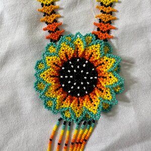 Mexican Handmade Seed bead Necklace Flower Unique Gift Display